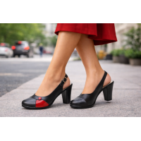 Pantofi dama eleganti slingback negru-rosu cu toc gros – design modern si confort 
